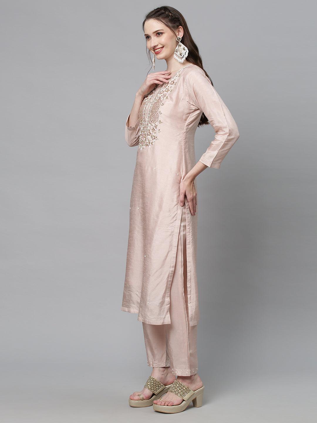 Ethnic Hand Embroidered Straight Kurta with Pants & Dupatta - Pastel Pink - Indiakreations