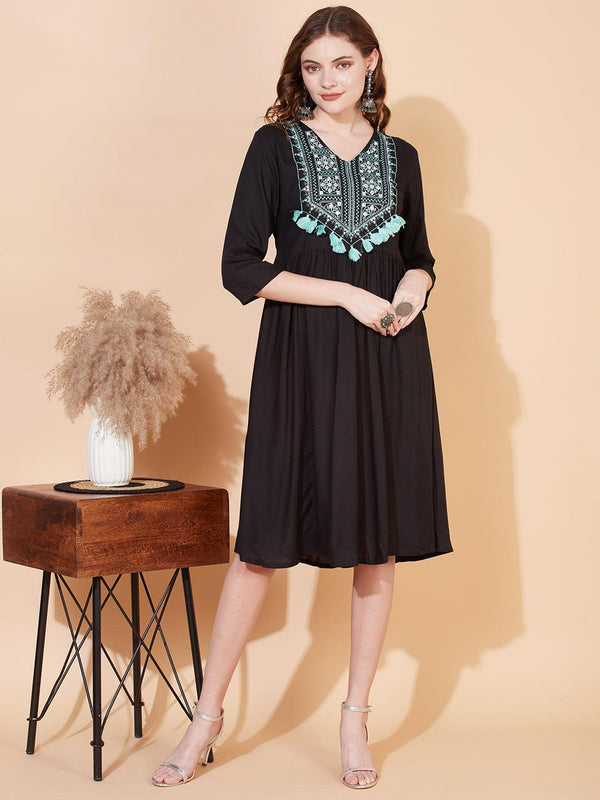 Ethnic Embroidered Flared Midi Dress - Black - Indiakreations