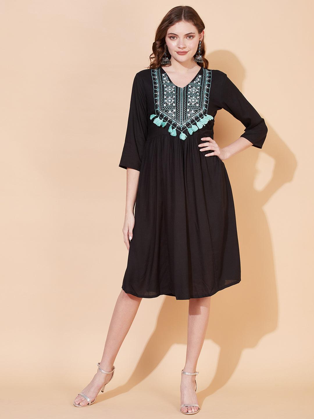 Ethnic Embroidered Flared Midi Dress - Black - Indiakreations