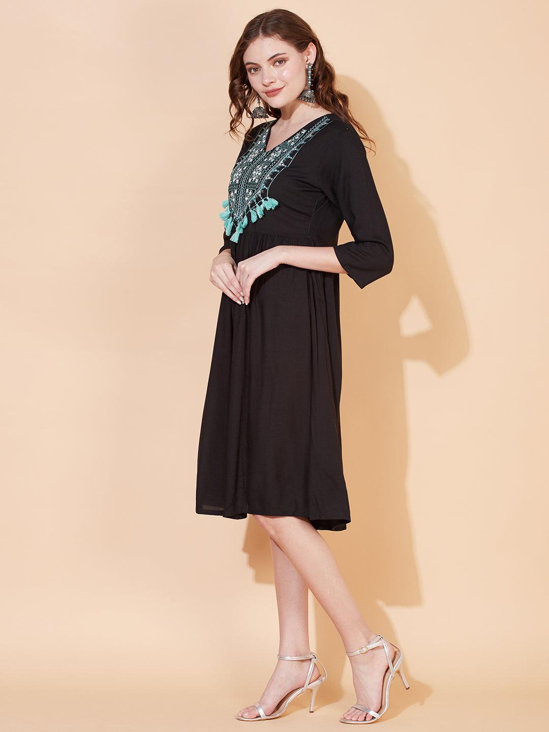 Ethnic Embroidered Flared Midi Dress - Black - Indiakreations