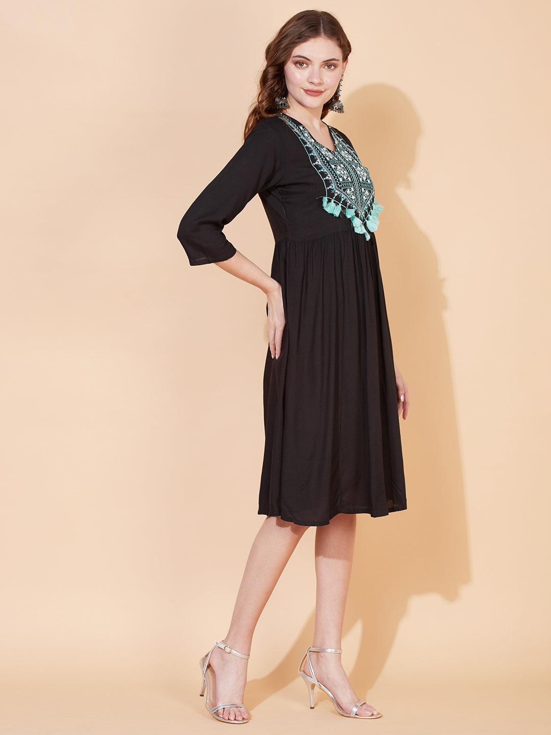 Ethnic Embroidered Flared Midi Dress - Black - Indiakreations