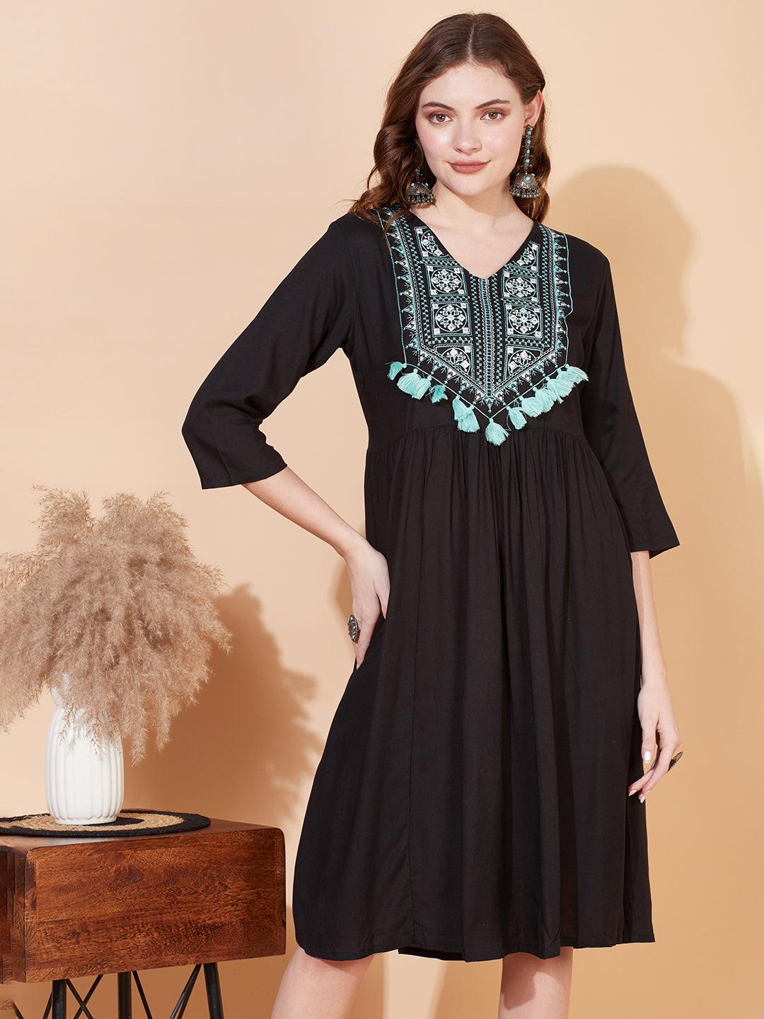 Ethnic Embroidered Flared Midi Dress - Black - Indiakreations