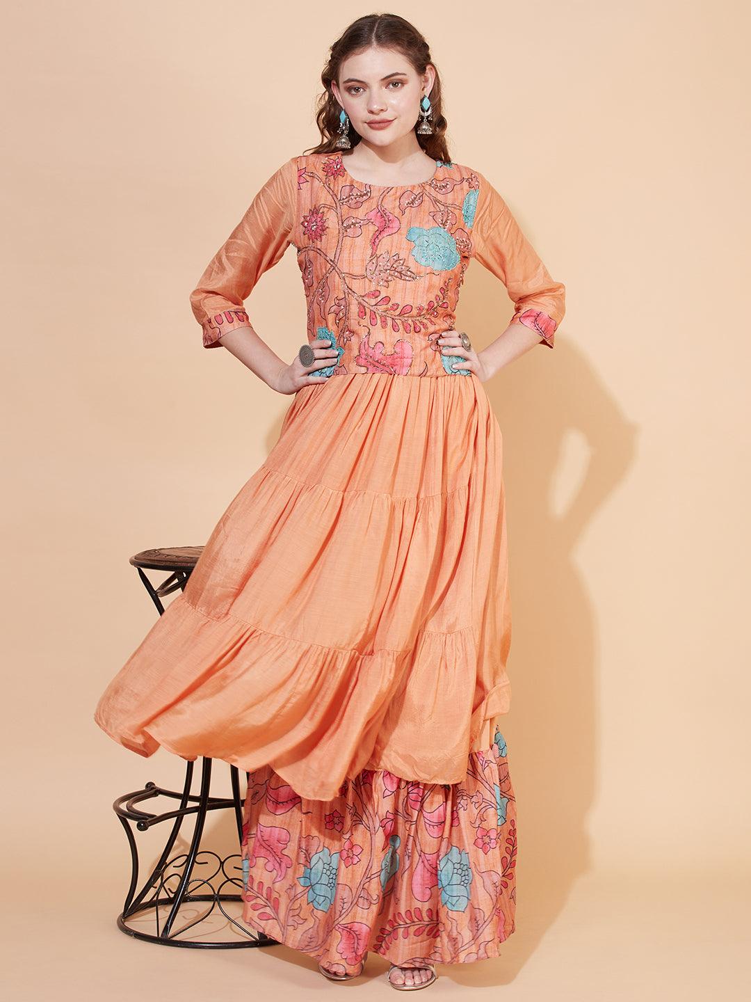 Floral Printed & Hand Embroidered Tiered Flared Maxi Dress - Light Orange - Indiakreations