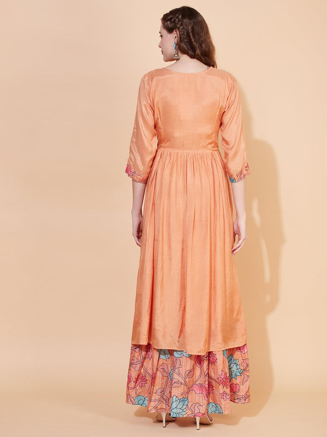 Floral Printed & Hand Embroidered Tiered Flared Maxi Dress - Light Orange - Indiakreations