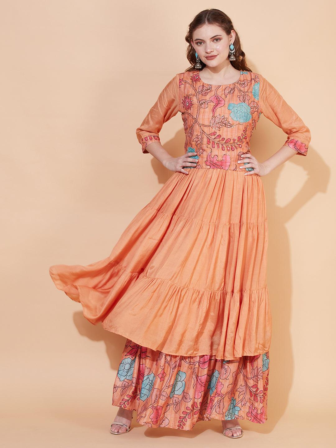 Floral Printed & Hand Embroidered Tiered Flared Maxi Dress - Light Orange - Indiakreations