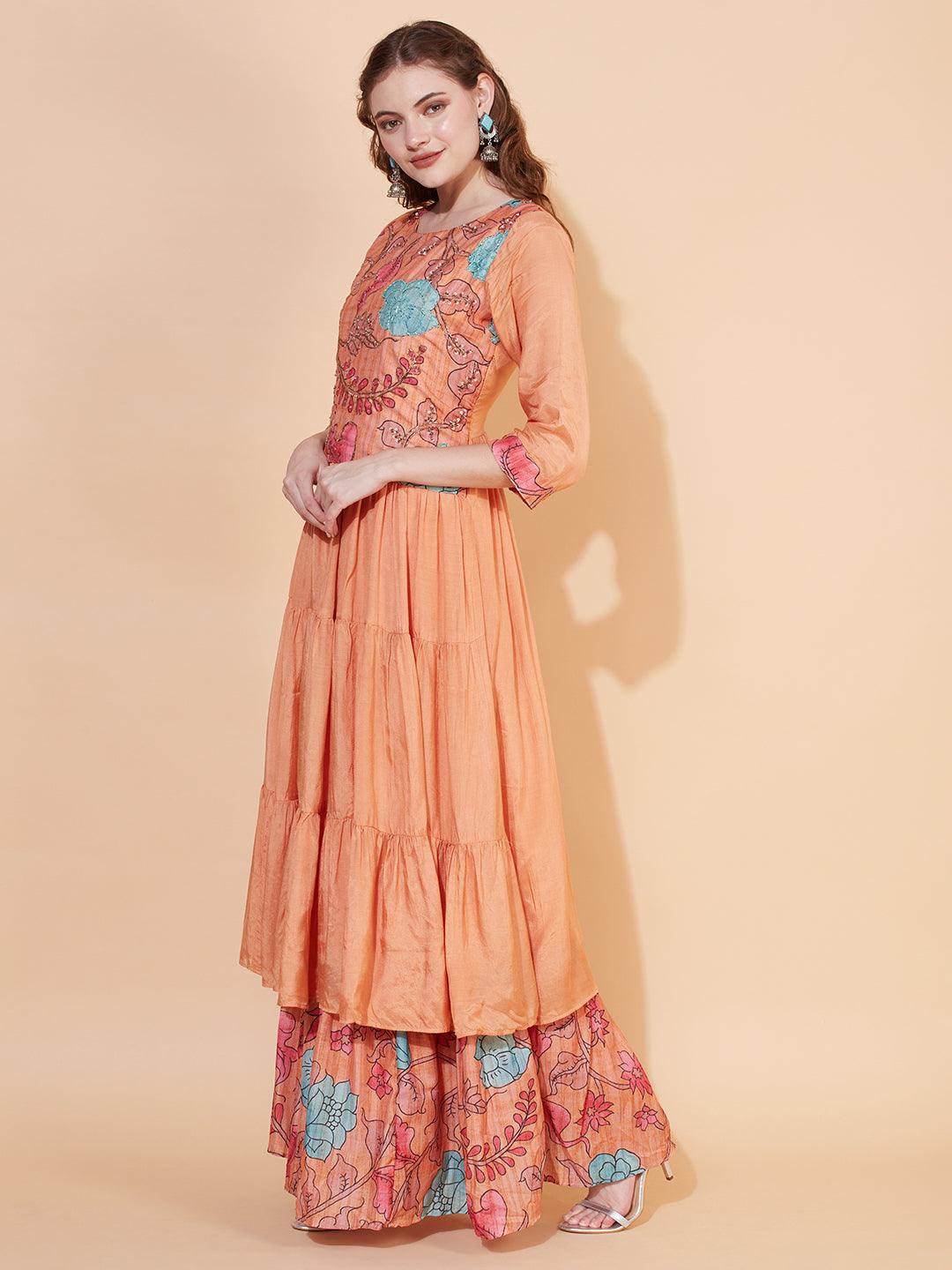 Floral Printed & Hand Embroidered Tiered Flared Maxi Dress - Light Orange - Indiakreations