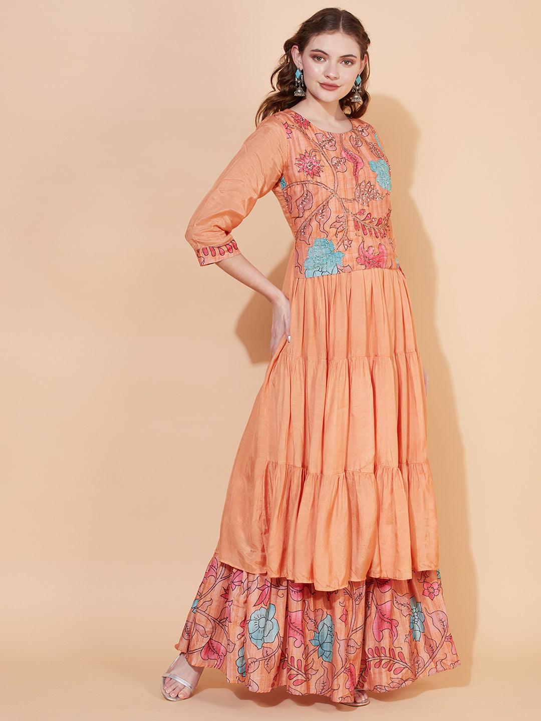 Floral Printed & Hand Embroidered Tiered Flared Maxi Dress - Light Orange - Indiakreations