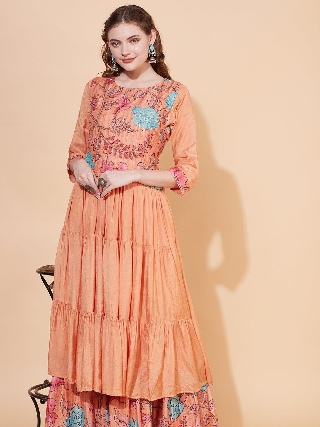 Floral Printed & Hand Embroidered Tiered Flared Maxi Dress - Light Orange - Indiakreations