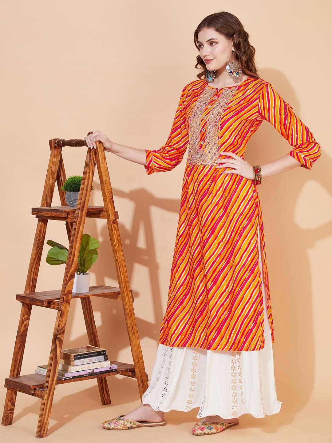 Leheriya Printed & Embroidered Straight Fit Kurta – Multi - Indiakreations