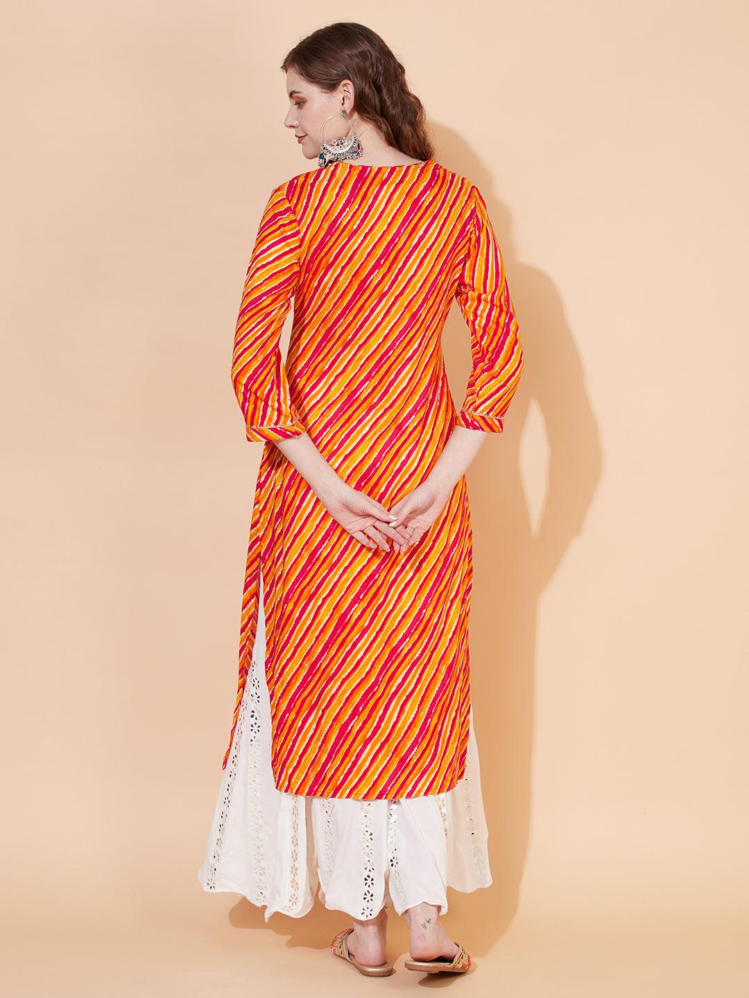 Leheriya Printed & Embroidered Straight Fit Kurta – Multi - Indiakreations