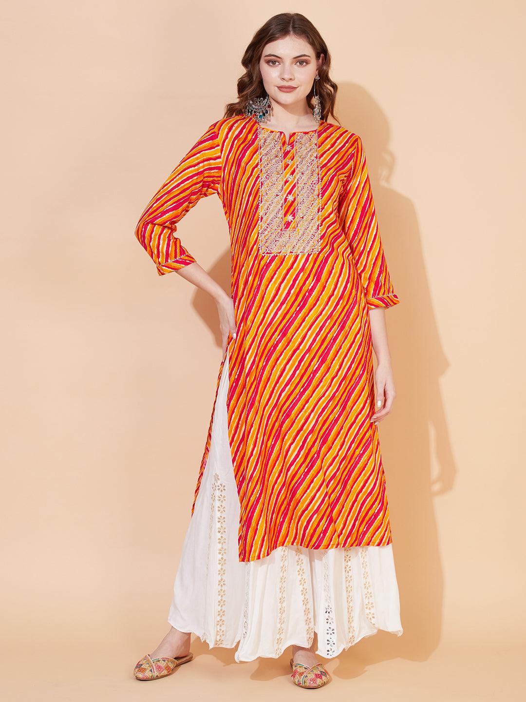 Leheriya Printed & Embroidered Straight Fit Kurta – Multi - Indiakreations