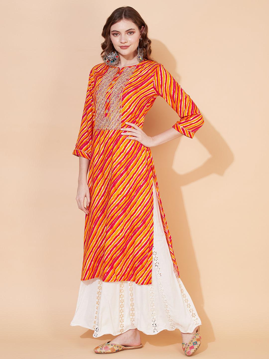 Leheriya Printed & Embroidered Straight Fit Kurta – Multi - Indiakreations