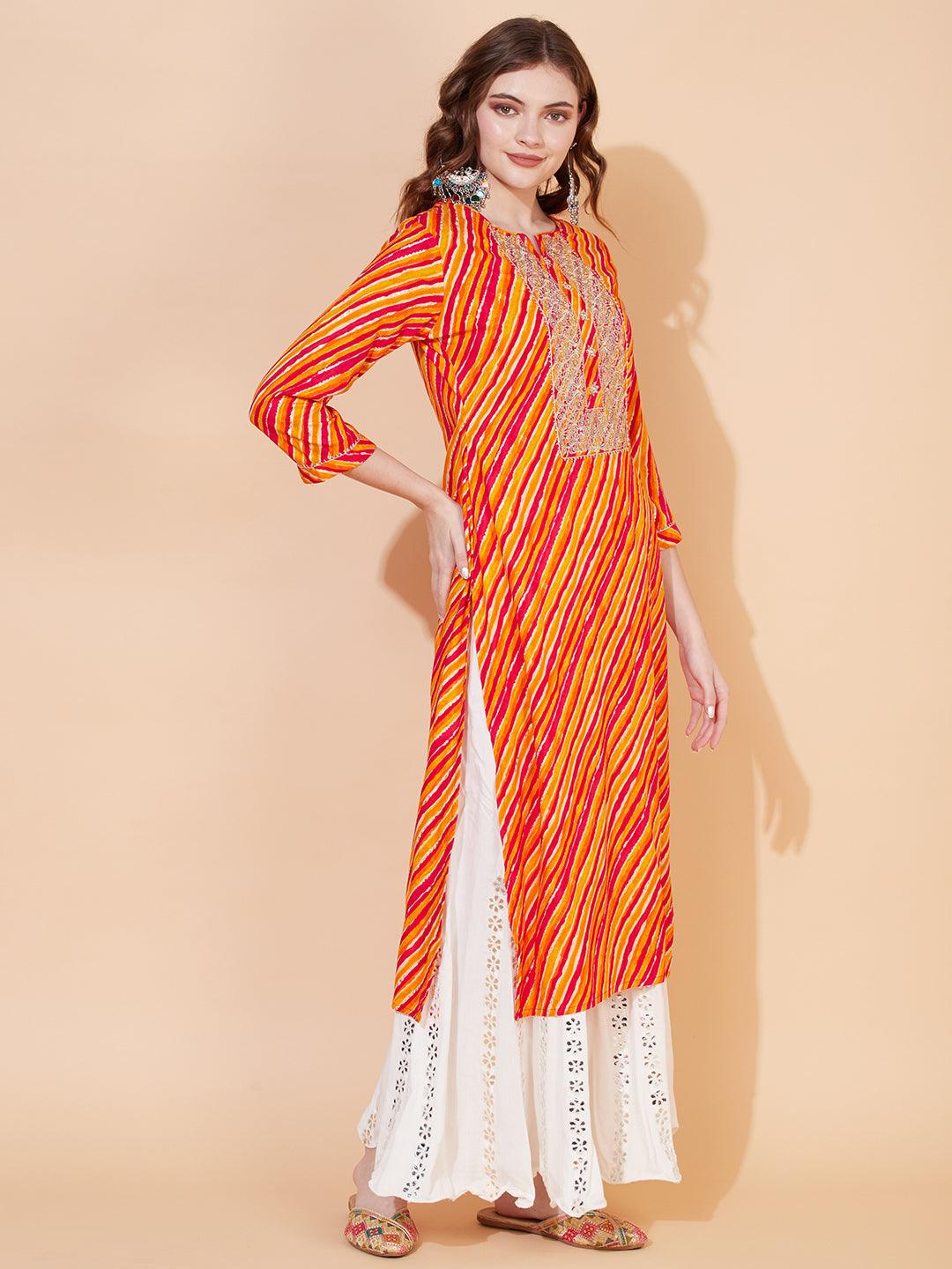 Leheriya Printed & Embroidered Straight Fit Kurta – Multi - Indiakreations