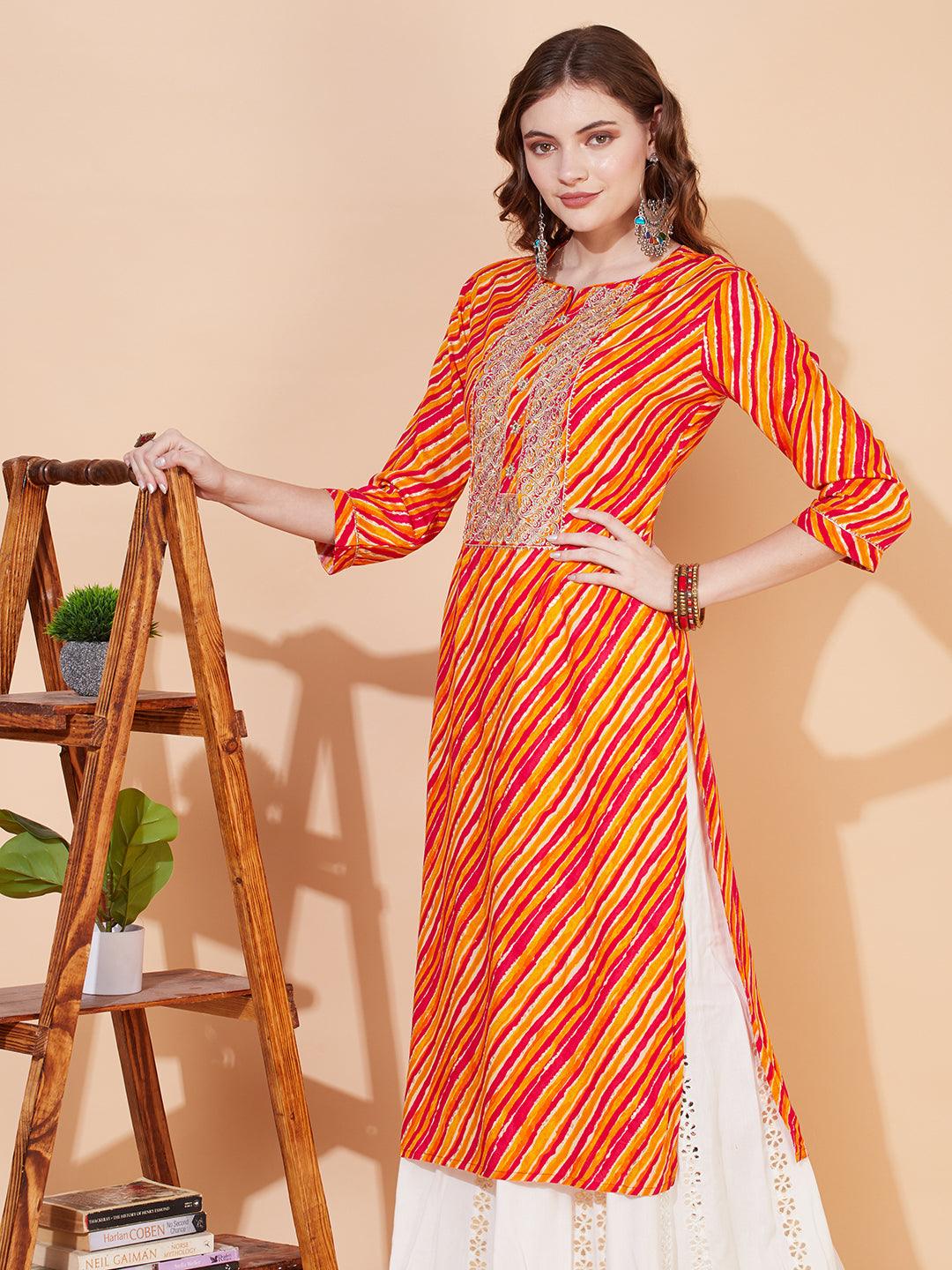 Leheriya Printed & Embroidered Straight Fit Kurta – Multi - Indiakreations