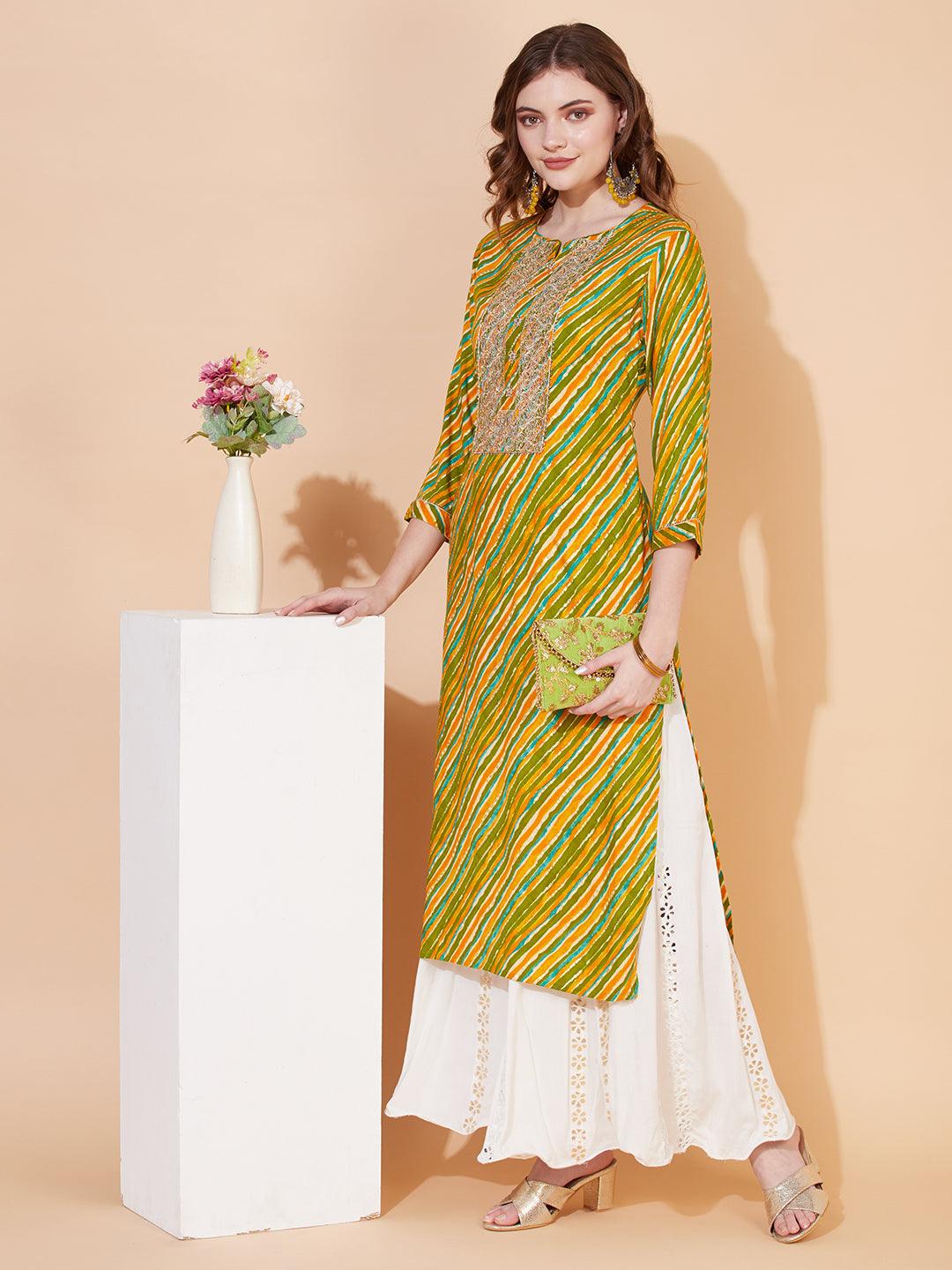 Leheriya Printed & Embroidered Straight Fit Kurta – Multi - Indiakreations