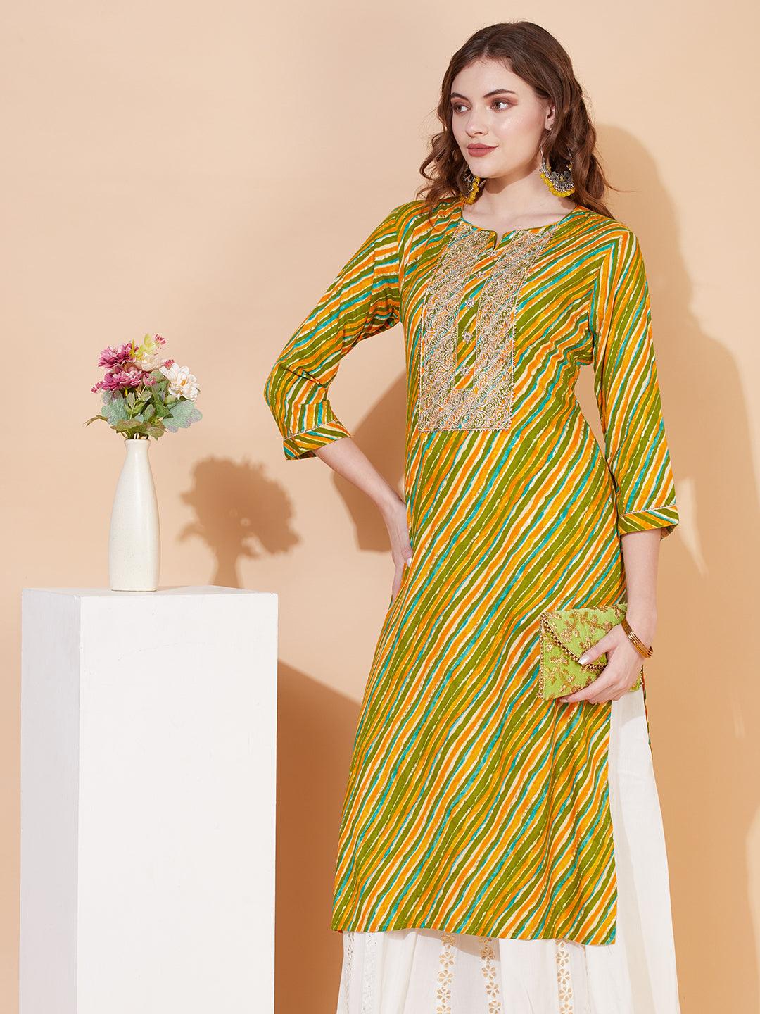 Leheriya Printed & Embroidered Straight Fit Kurta – Multi - Indiakreations