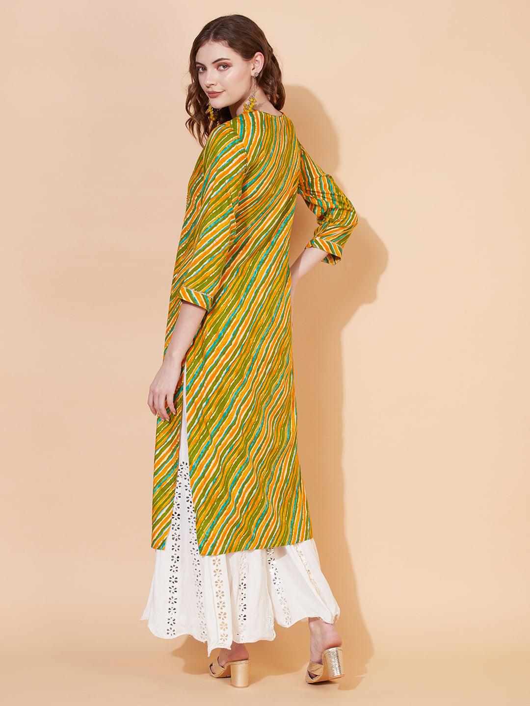 Leheriya Printed & Embroidered Straight Fit Kurta – Multi - Indiakreations