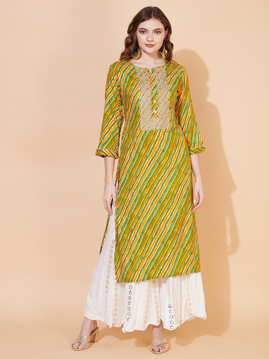 Leheriya Printed & Embroidered Straight Fit Kurta – Multi - Indiakreations