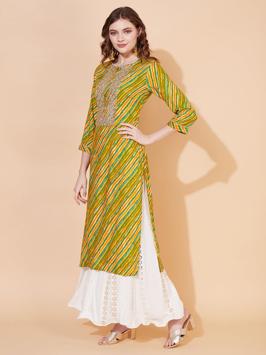 Leheriya Printed & Embroidered Straight Fit Kurta – Multi - Indiakreations