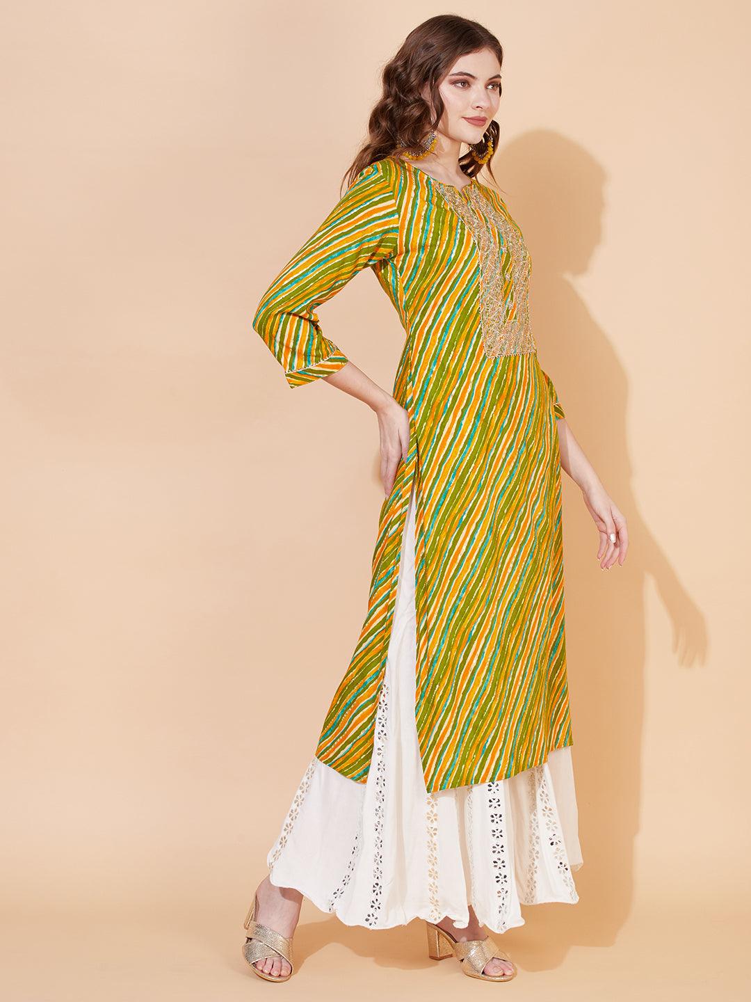 Leheriya Printed & Embroidered Straight Fit Kurta – Multi - Indiakreations