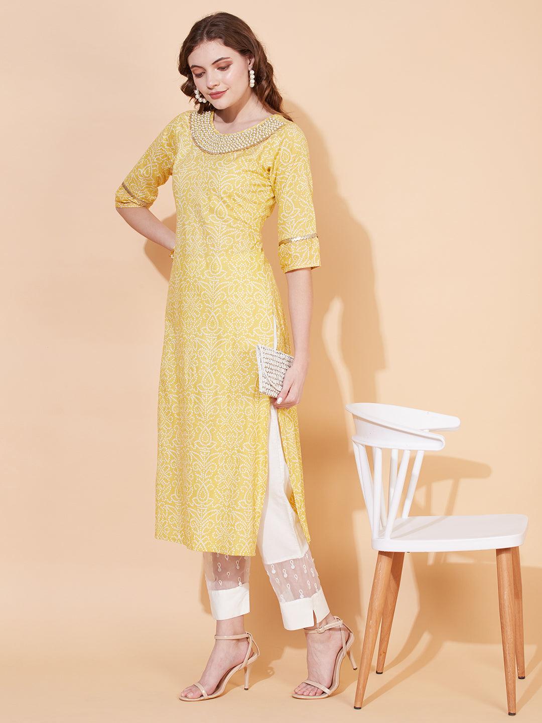 Bandhani Printed & Hand Embroidered Straight Fit Kurta – Pale Yellow - Indiakreations