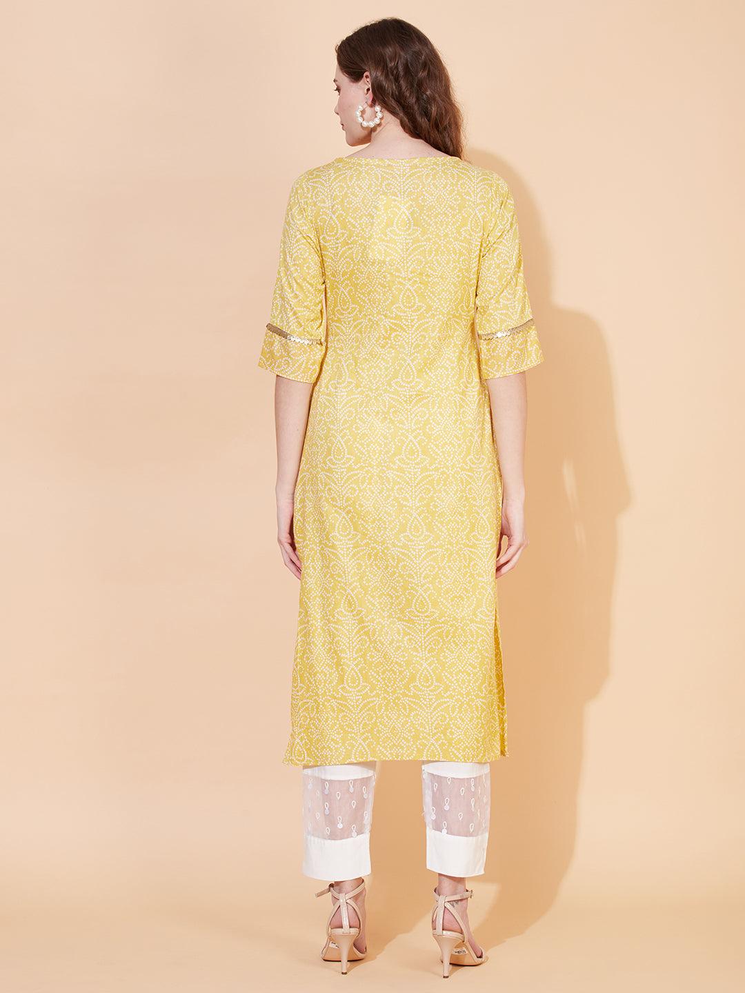 Bandhani Printed & Hand Embroidered Straight Fit Kurta – Pale Yellow - Indiakreations