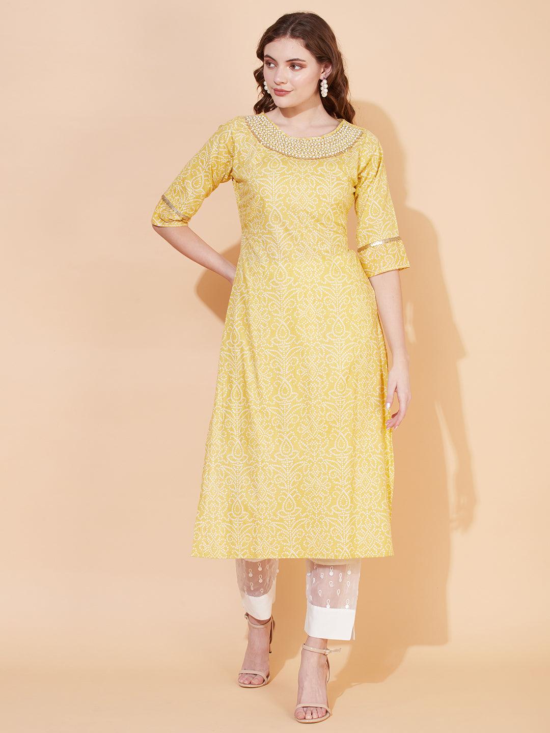 Bandhani Printed & Hand Embroidered Straight Fit Kurta – Pale Yellow - Indiakreations