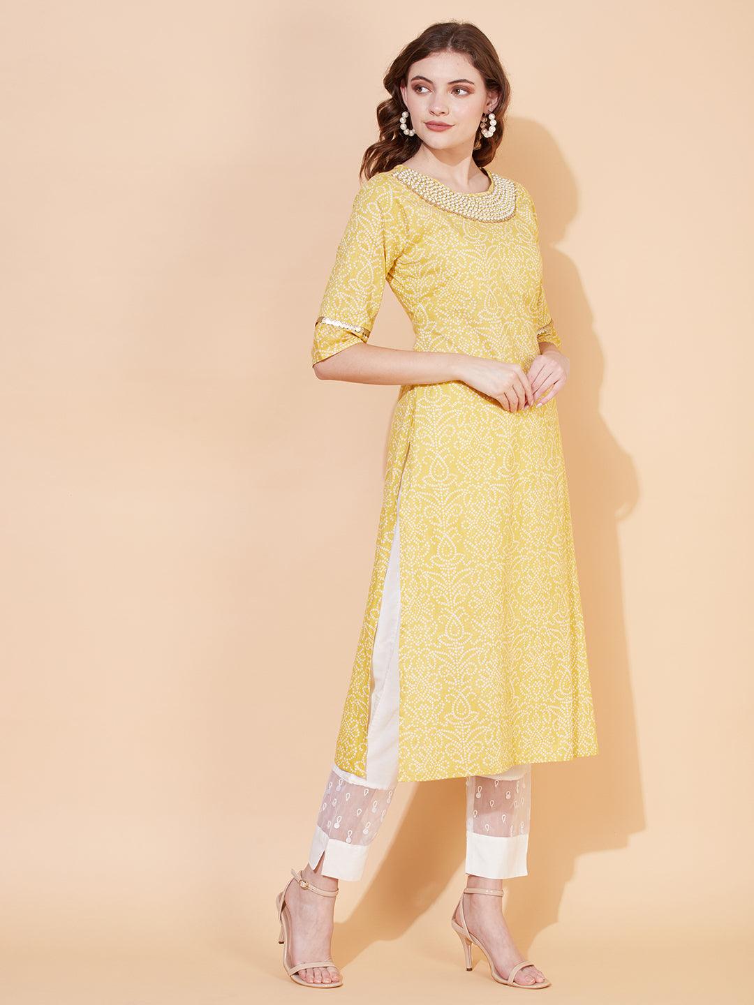 Bandhani Printed & Hand Embroidered Straight Fit Kurta – Pale Yellow - Indiakreations