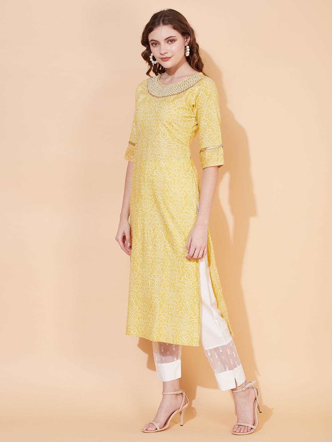 Bandhani Printed & Hand Embroidered Straight Fit Kurta – Pale Yellow - Indiakreations