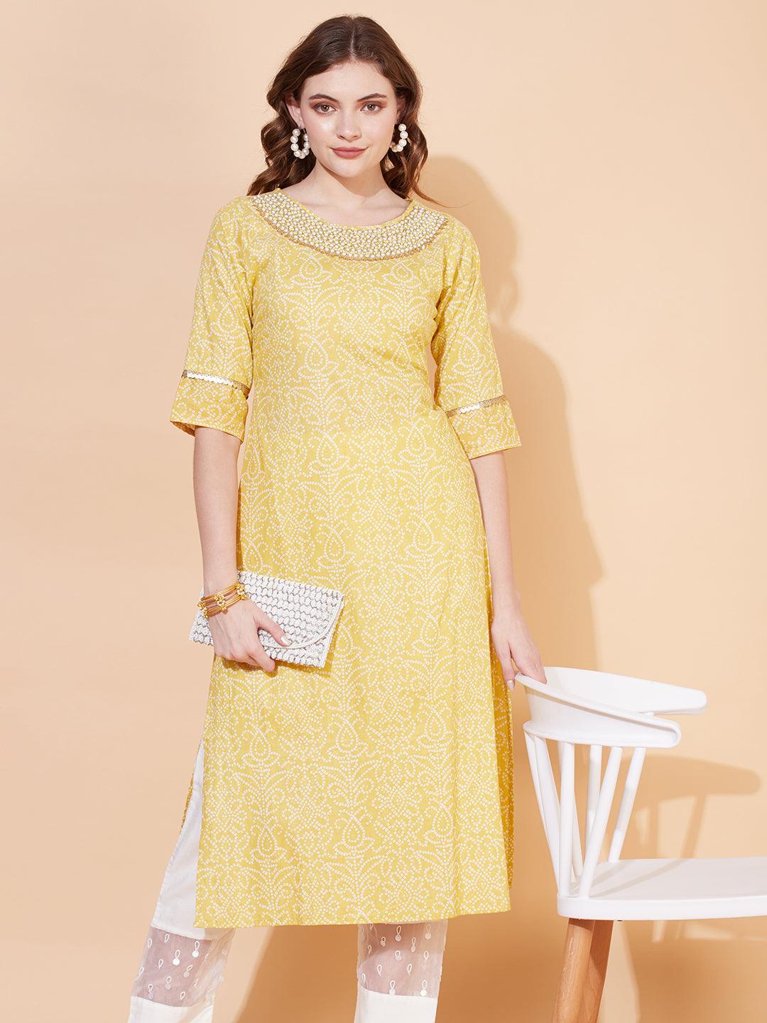 Bandhani Printed & Hand Embroidered Straight Fit Kurta – Pale Yellow - Indiakreations