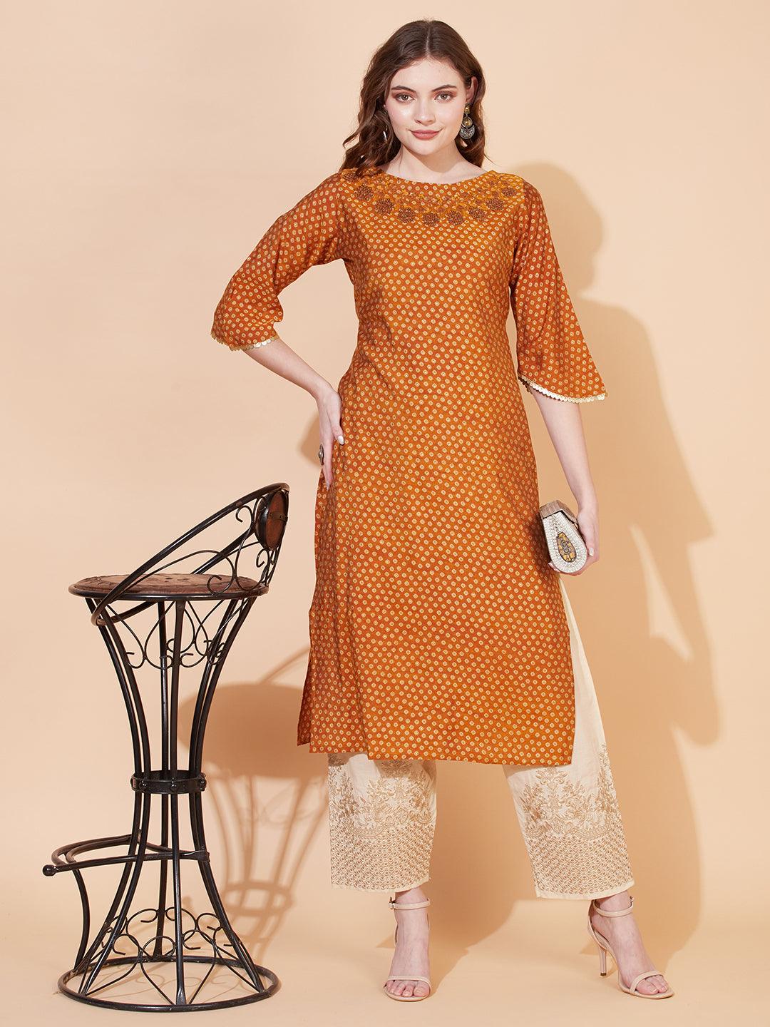 Ethnic Printed & Hand Embroidered Straight Fit Kurta - Mustard - Indiakreations