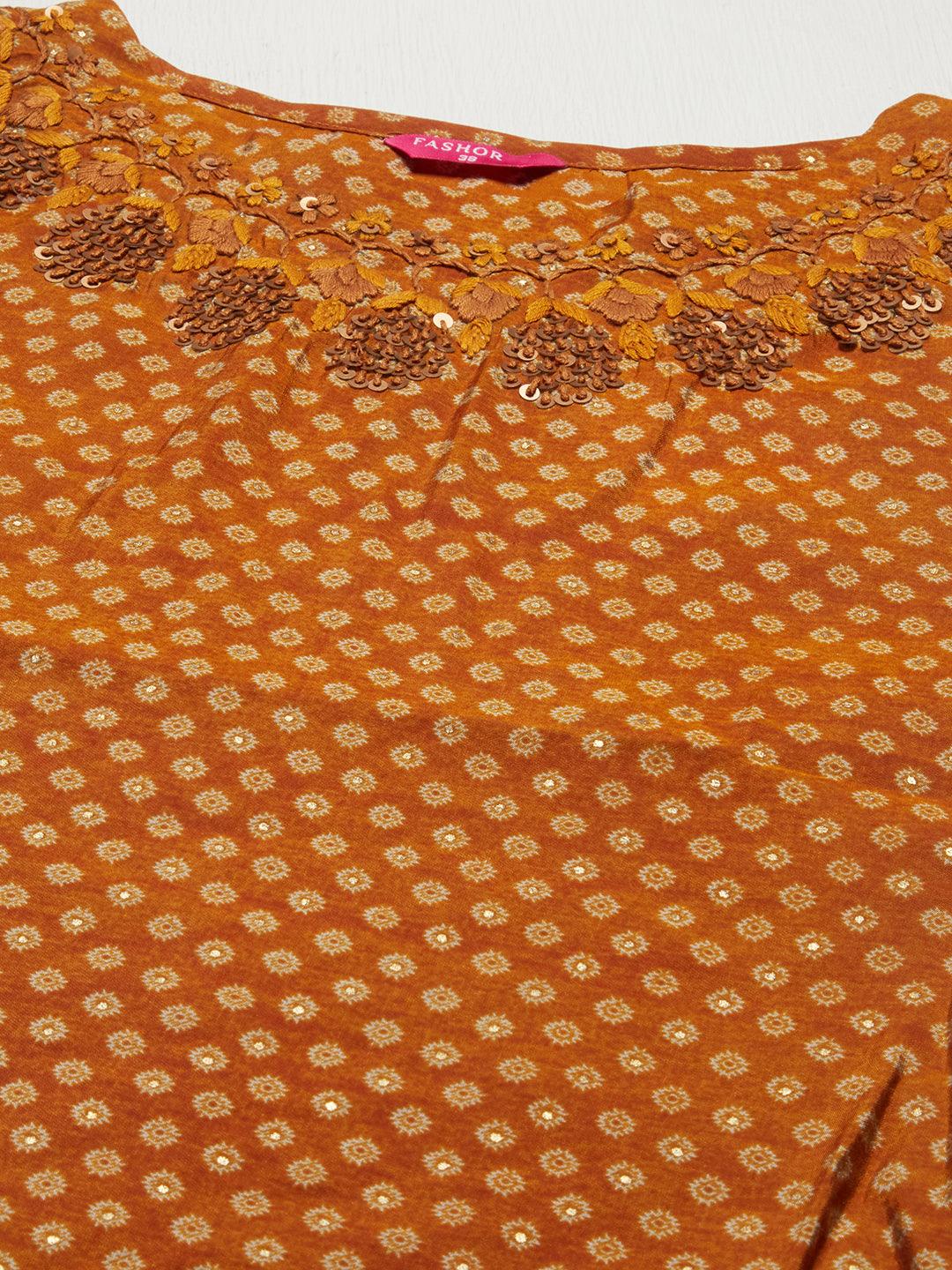 Ethnic Printed & Hand Embroidered Straight Fit Kurta - Mustard - Indiakreations