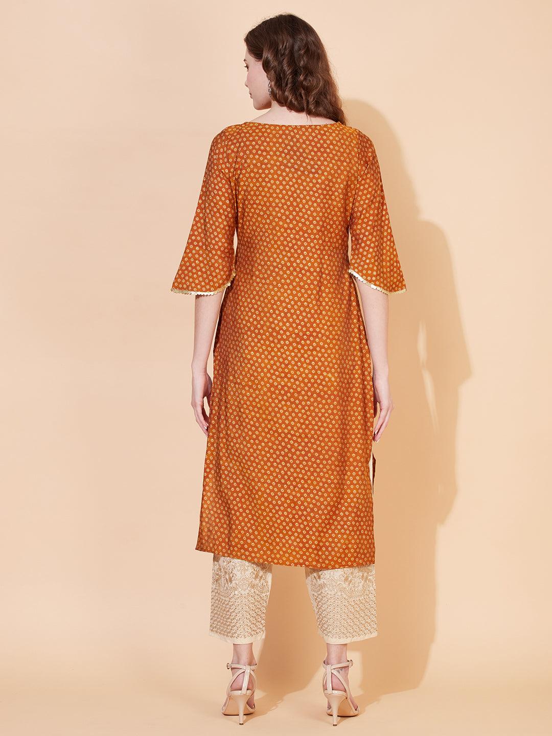 Ethnic Printed & Hand Embroidered Straight Fit Kurta - Mustard - Indiakreations