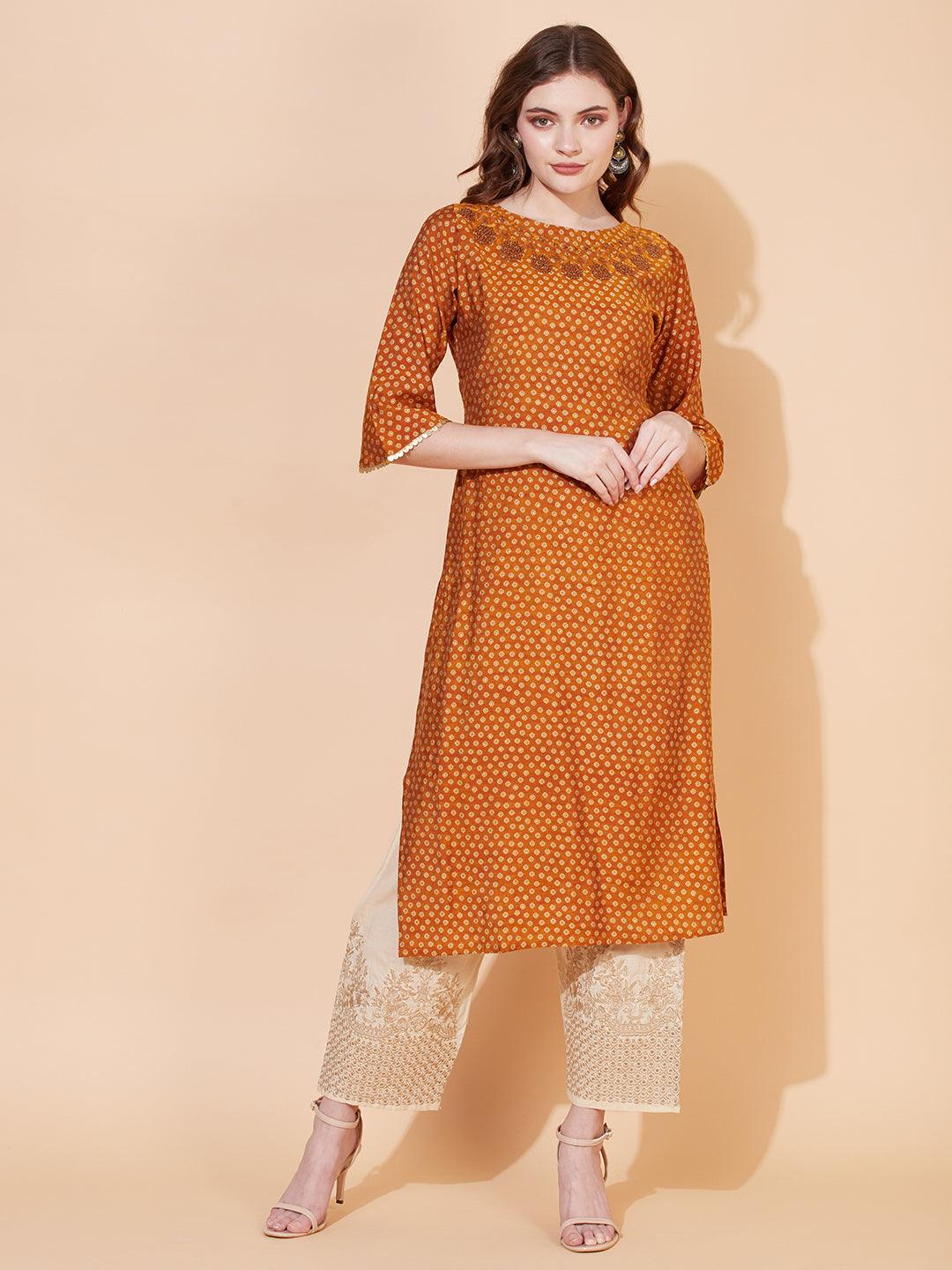 Ethnic Printed & Hand Embroidered Straight Fit Kurta - Mustard - Indiakreations