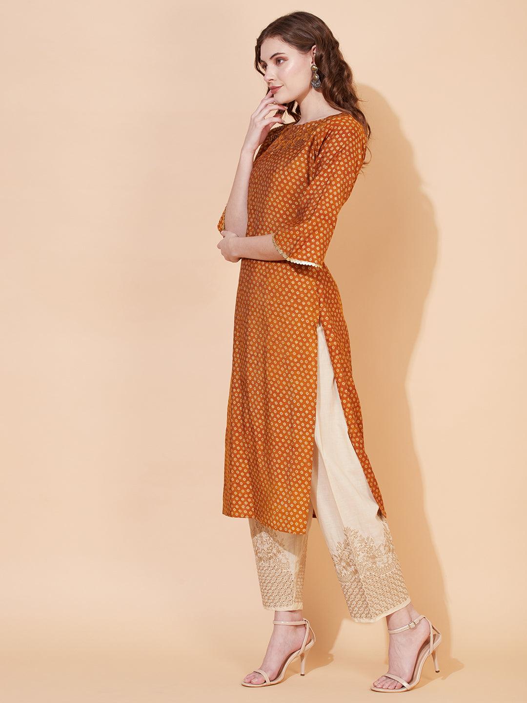 Ethnic Printed & Hand Embroidered Straight Fit Kurta - Mustard - Indiakreations