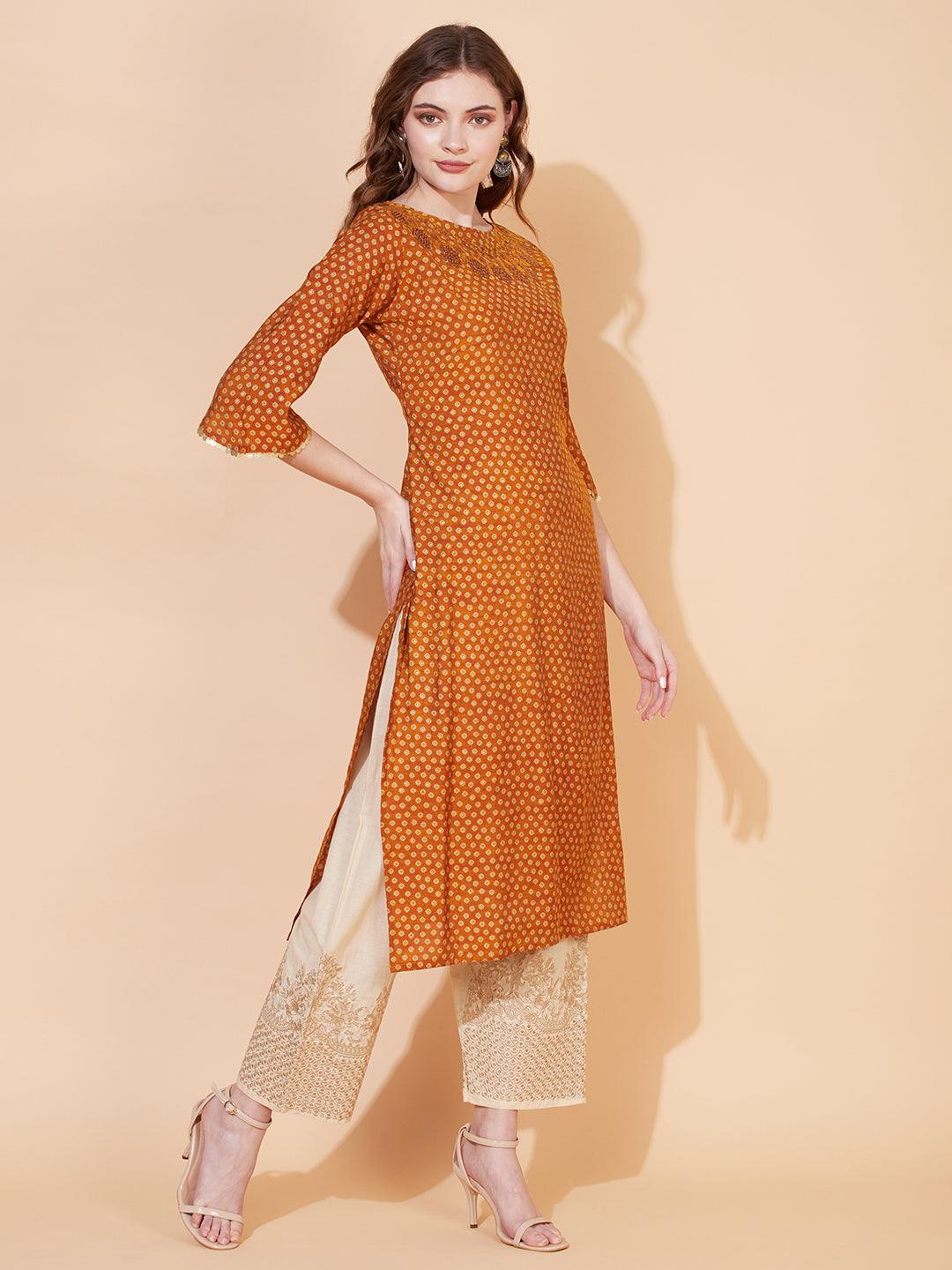 Ethnic Printed & Hand Embroidered Straight Fit Kurta - Mustard - Indiakreations