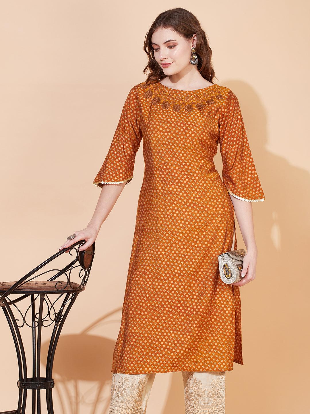 Ethnic Printed & Hand Embroidered Straight Fit Kurta - Mustard - Indiakreations