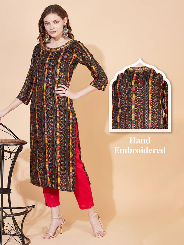 Ethnic Printed & Hand Embroidered Straight Fit Kurta – Multi - Indiakreations