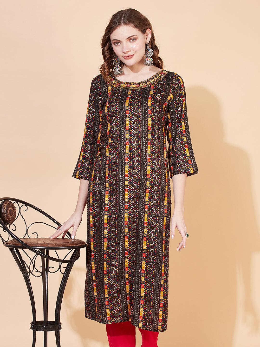 Ethnic Printed & Hand Embroidered Straight Fit Kurta – Multi - Indiakreations