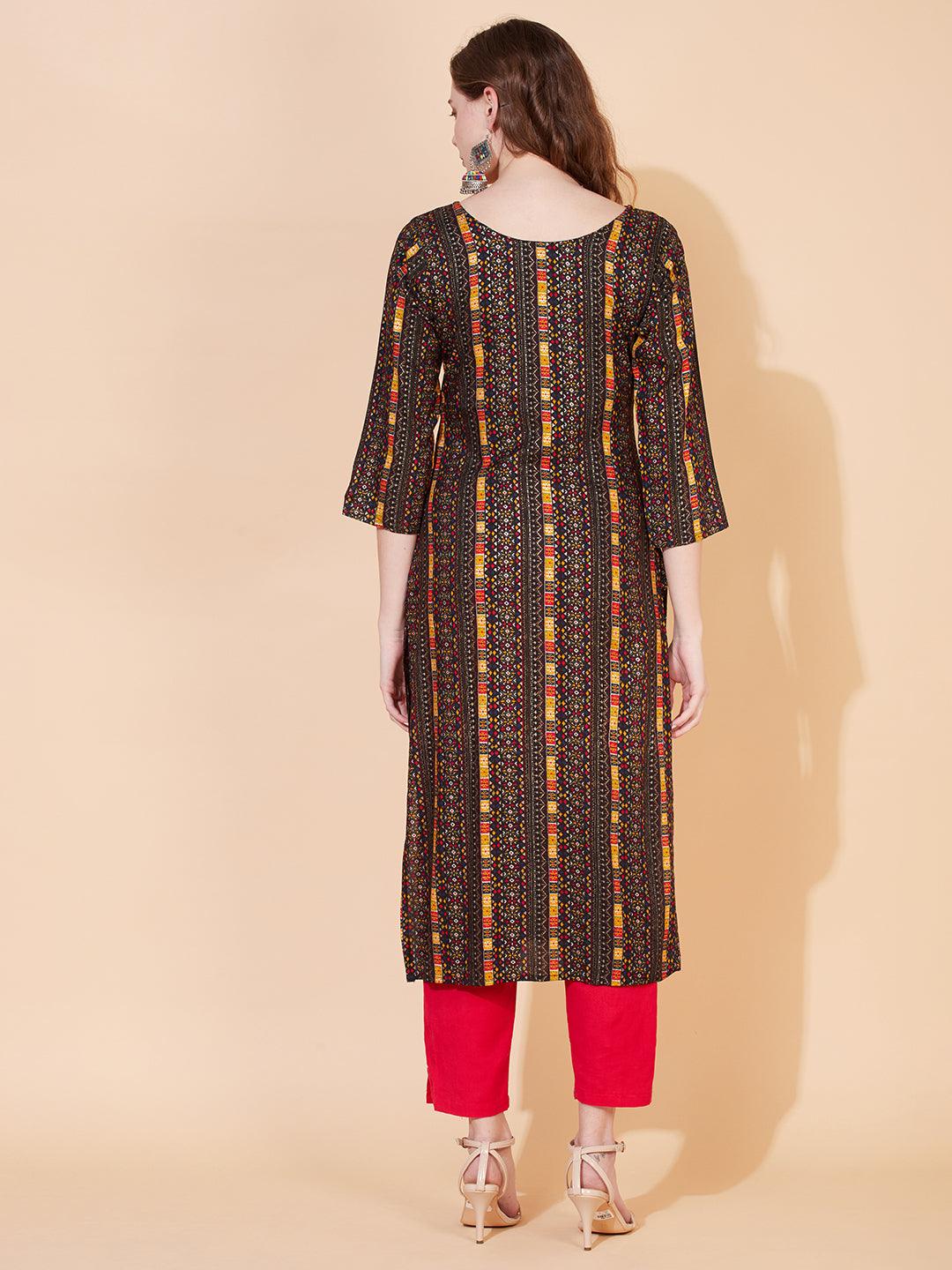 Ethnic Printed & Hand Embroidered Straight Fit Kurta – Multi - Indiakreations