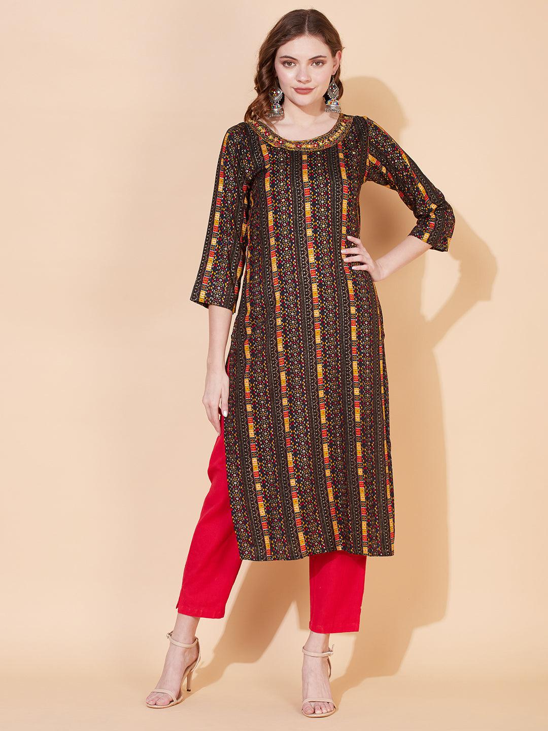 Ethnic Printed & Hand Embroidered Straight Fit Kurta – Multi - Indiakreations