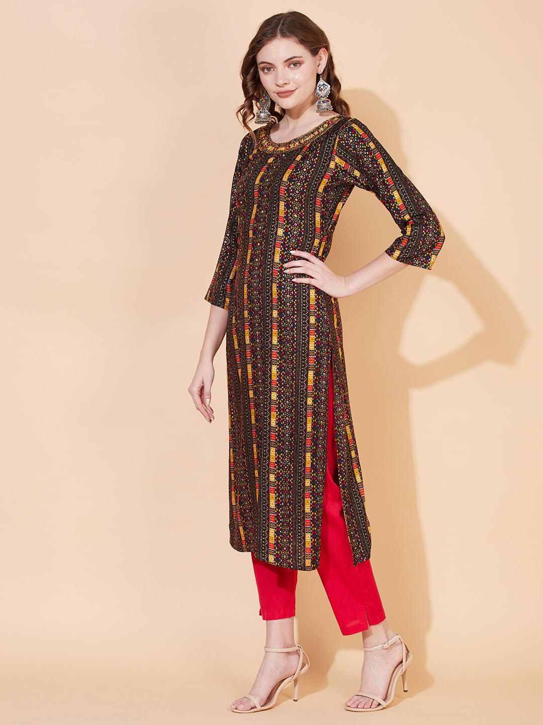 Ethnic Printed & Hand Embroidered Straight Fit Kurta – Multi - Indiakreations