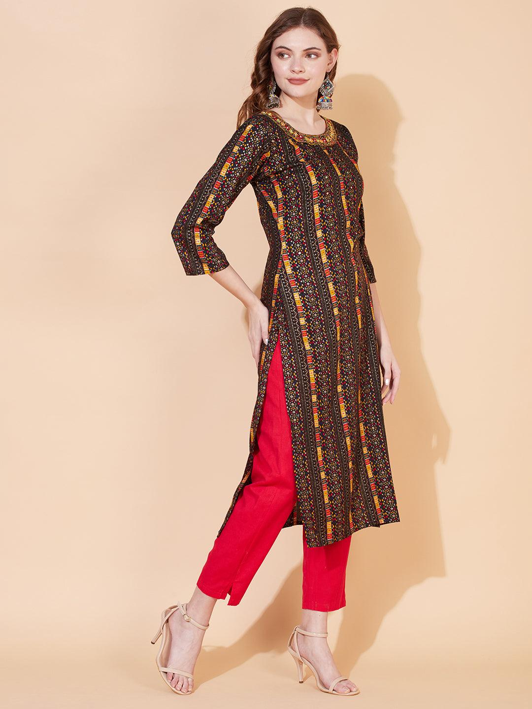 Ethnic Printed & Hand Embroidered Straight Fit Kurta – Multi - Indiakreations