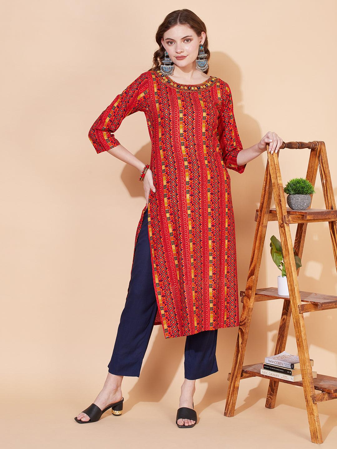 Ethnic Stripes Printed & Hand Embroidered Straight Fit Kurta – Multi - Indiakreations