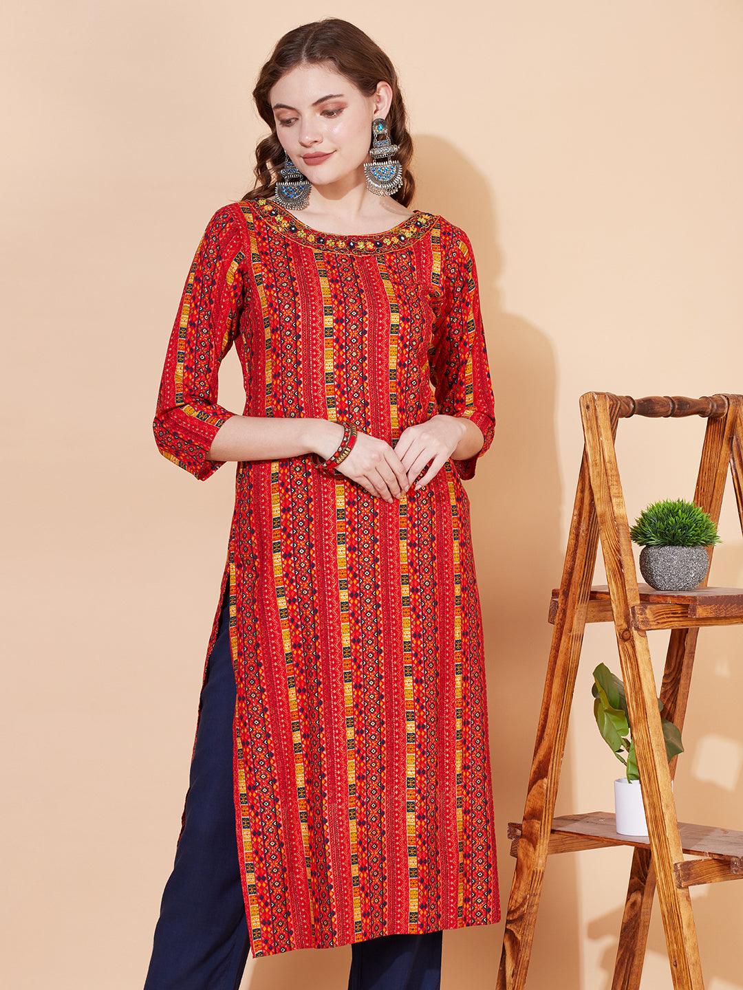 Ethnic Stripes Printed & Hand Embroidered Straight Fit Kurta – Multi - Indiakreations