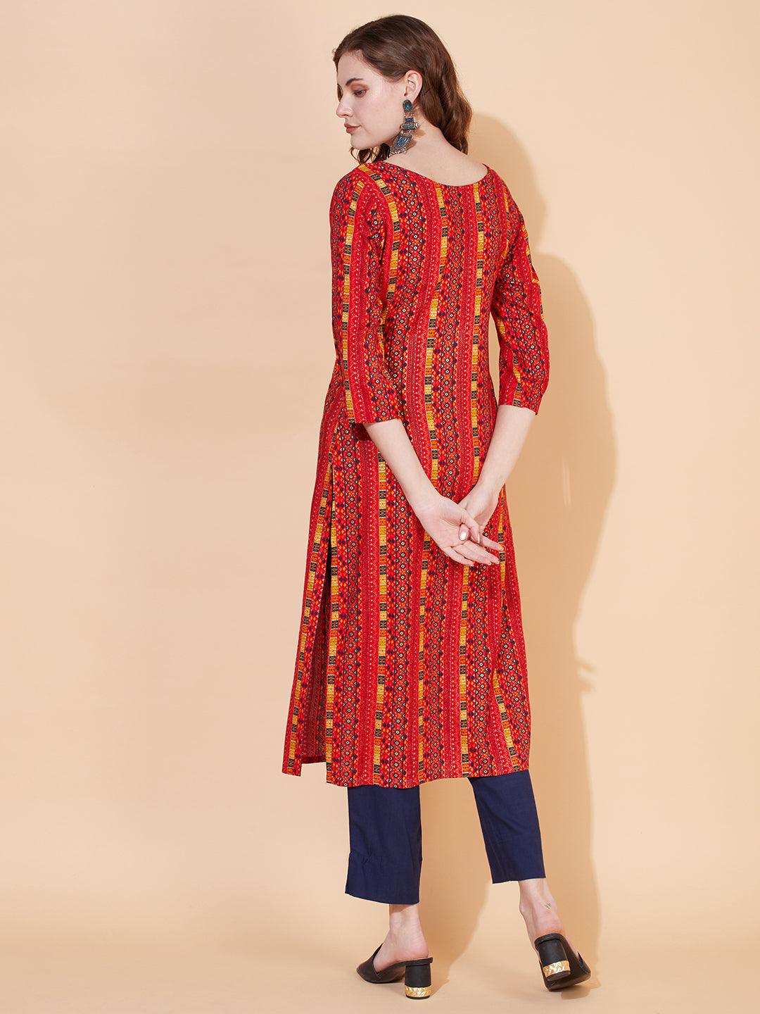 Ethnic Stripes Printed & Hand Embroidered Straight Fit Kurta – Multi - Indiakreations