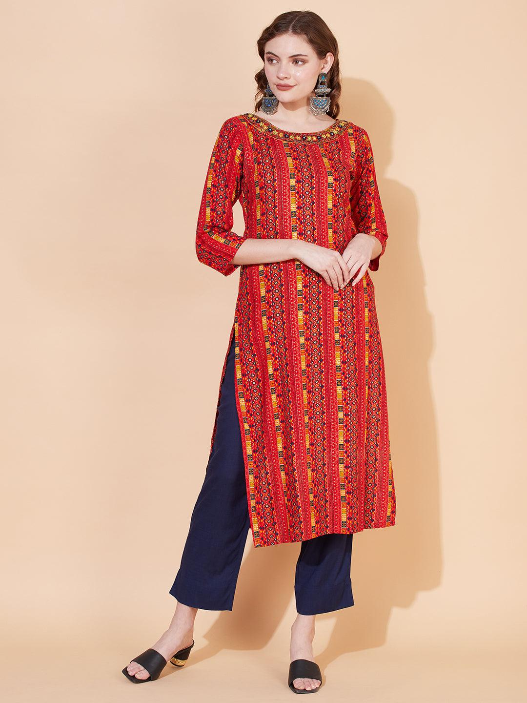 Ethnic Stripes Printed & Hand Embroidered Straight Fit Kurta – Multi - Indiakreations