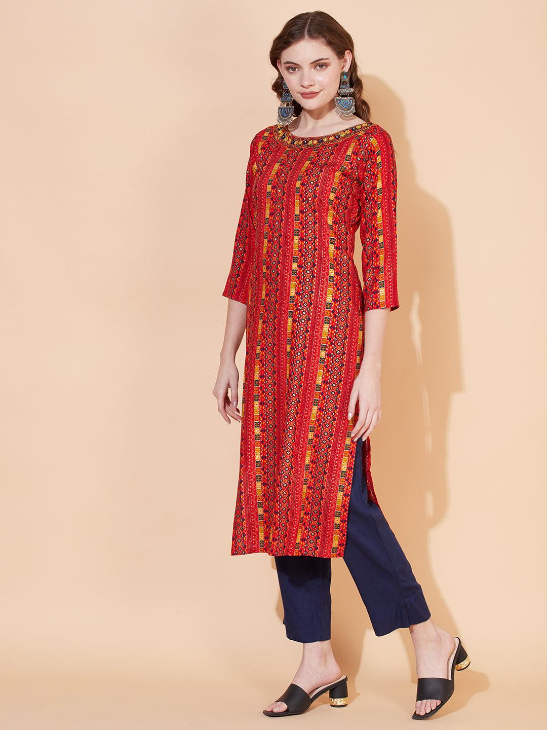 Ethnic Stripes Printed & Hand Embroidered Straight Fit Kurta – Multi - Indiakreations