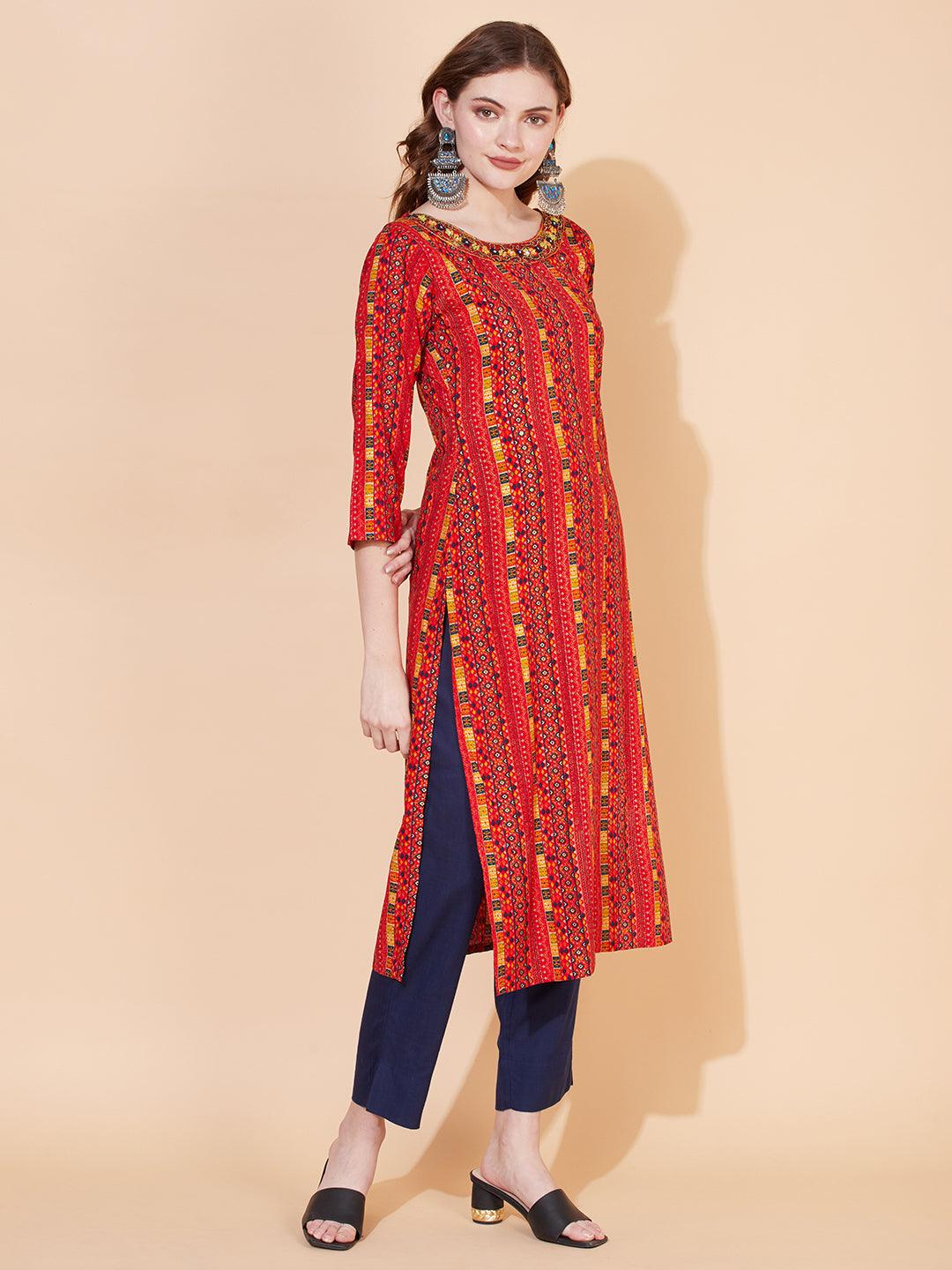 Ethnic Stripes Printed & Hand Embroidered Straight Fit Kurta – Multi - Indiakreations