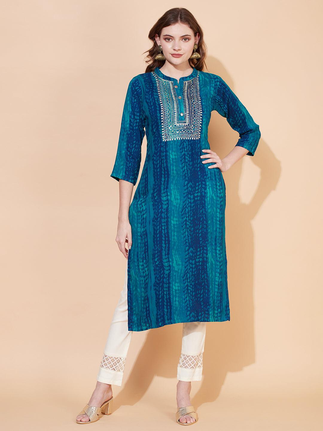 Ethnic Printed & Embroidered Straight Fit Kurta – Multi - Indiakreations